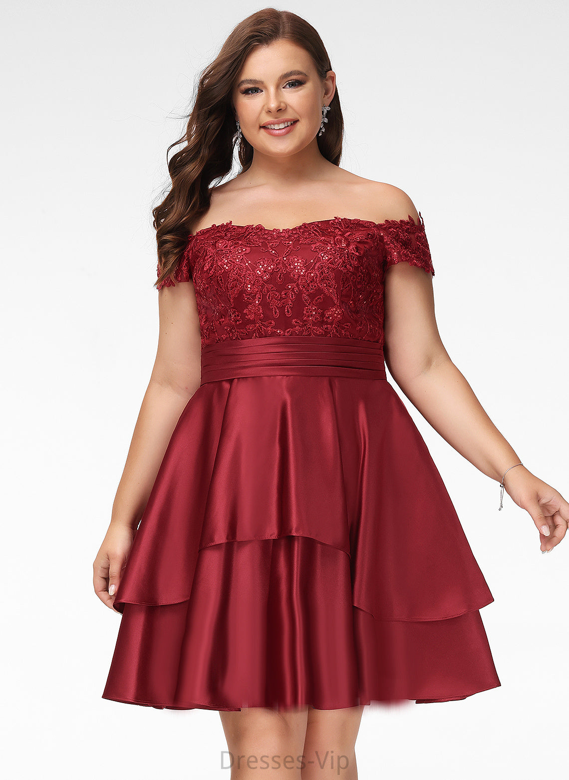 Ivy With Knee-Length Sequins A-Line Satin Cocktail Lace Off-the-Shoulder Dress Cocktail Dresses