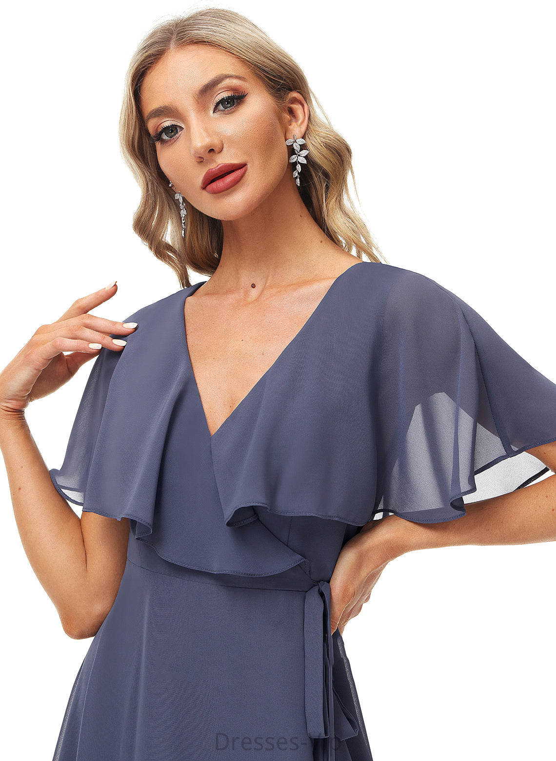 Sash Marlene Tea-Length Front A-Line Cocktail Cocktail Dresses Chiffon V-neck Split Dress With