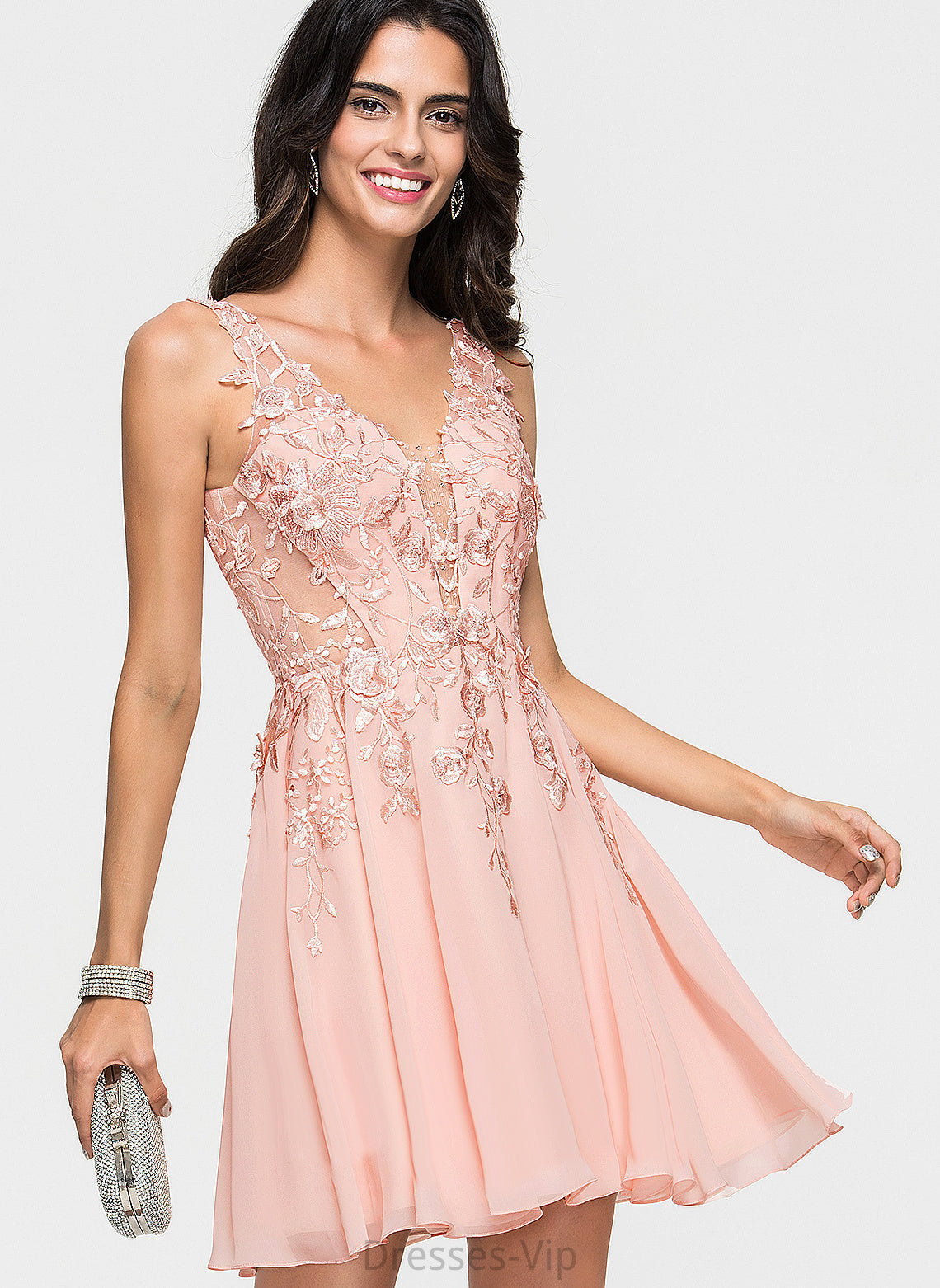 A-Line Cocktail Chiffon Kathy With Beading Cocktail Dresses Dress Short/Mini V-neck Lace