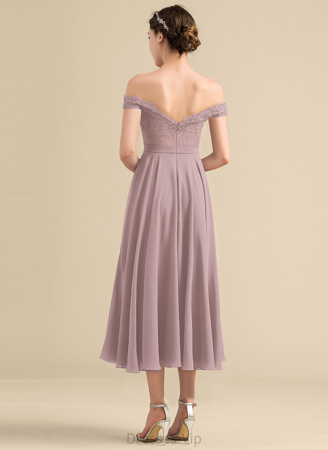 Raina A-Line Homecoming Dresses Dress Off-the-Shoulder Lace Beading With Chiffon Homecoming Tea-Length