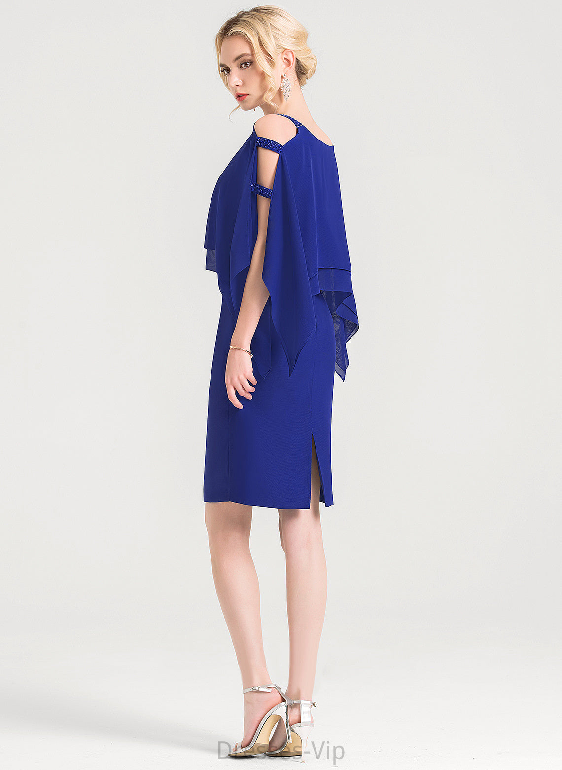 Ruffles Beading Sheath/Column Cocktail Neck Mya Knee-Length Chiffon Dress With Scoop Cocktail Dresses Cascading