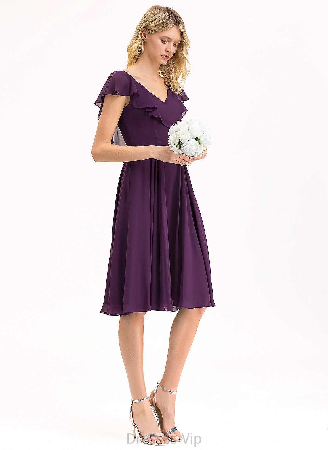 Chiffon Ruby Cascading A-Line With Ruffles Cocktail Knee-Length Cocktail Dresses Dress V-neck