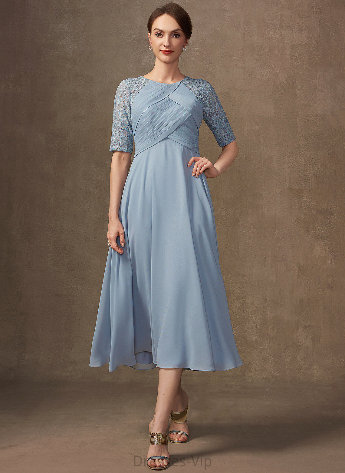 Cocktail Lace Scoop Tea-Length Kianna A-Line Ruffle Dress Cocktail Dresses Neck With Chiffon