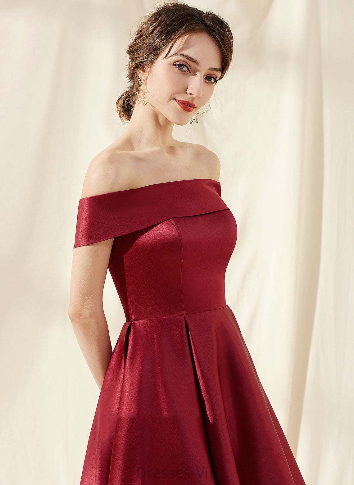 Tori Cocktail Dresses Asymmetrical Cocktail Pockets Satin With A-Line Off-the-Shoulder Dress