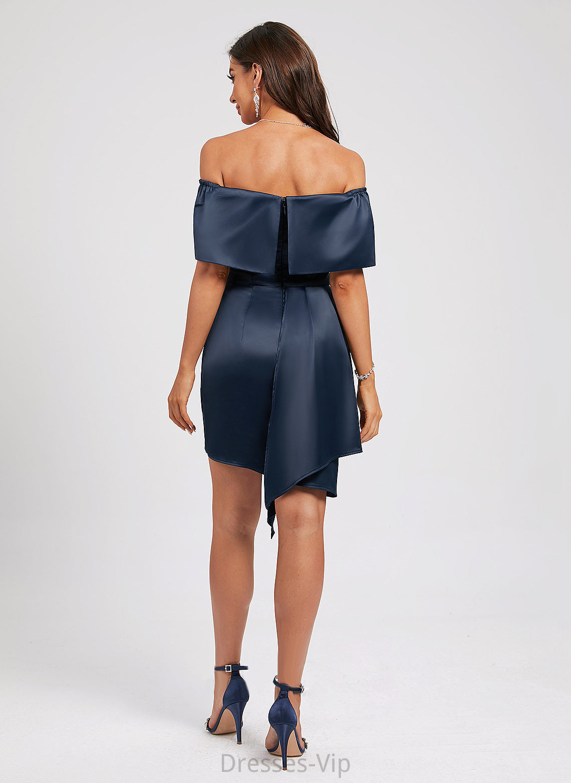 Cocktail Dresses With Pleated Winifred Cocktail Satin Dress Asymmetrical Sheath/Column Off-the-Shoulder