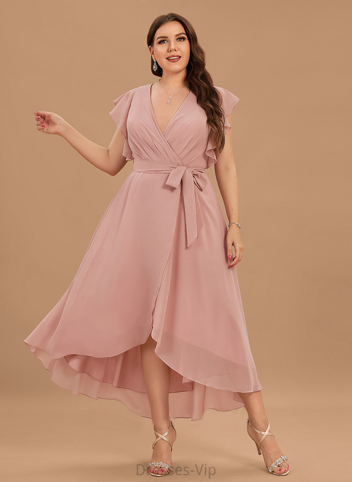 Cocktail Dresses A-Line Chiffon Araceli Ruffle Asymmetrical Dress Cocktail With V-neck