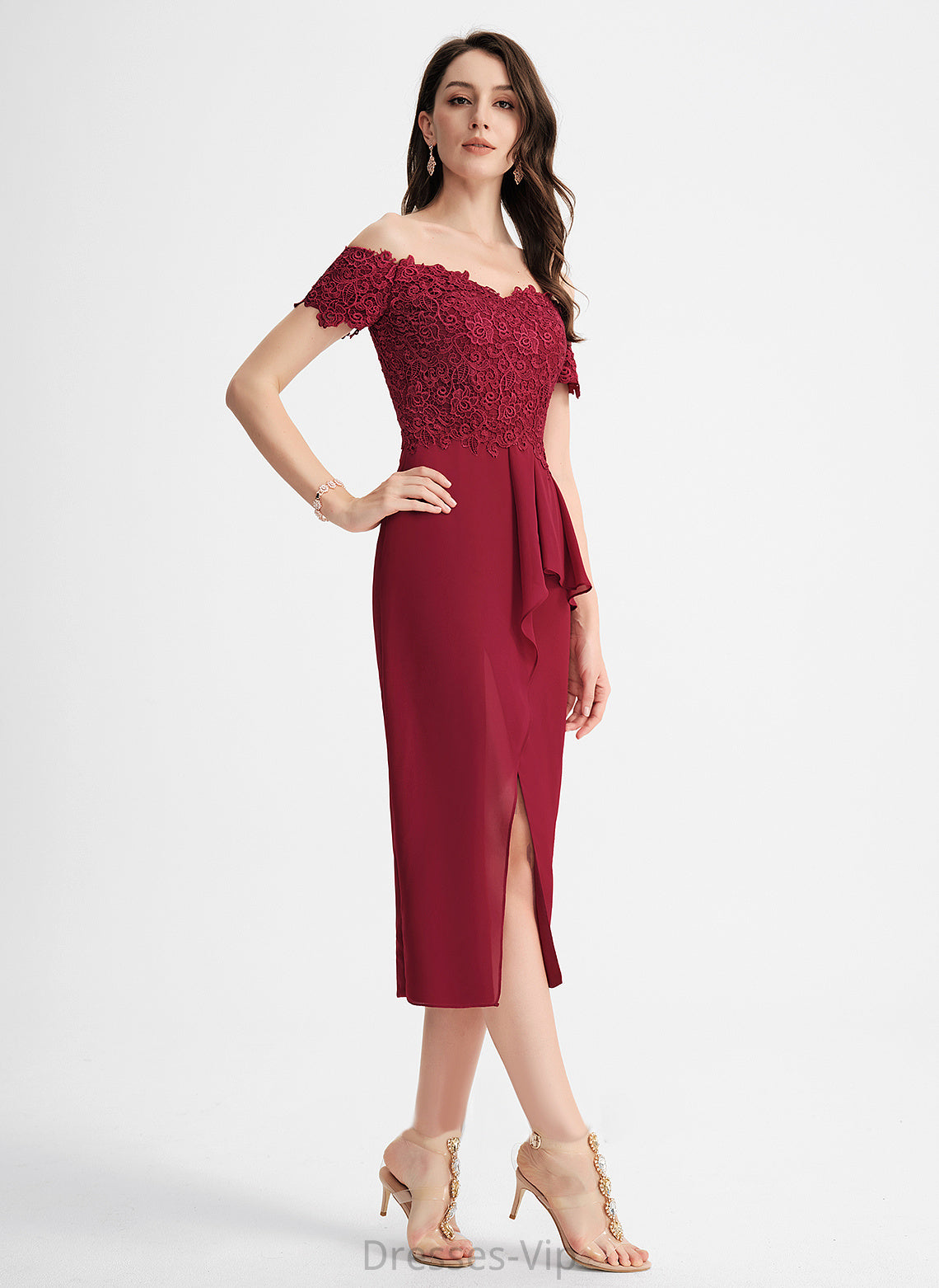 Lace Dylan Cocktail Chiffon Cocktail Dresses Tea-Length Dress Off-the-Shoulder Sheath/Column