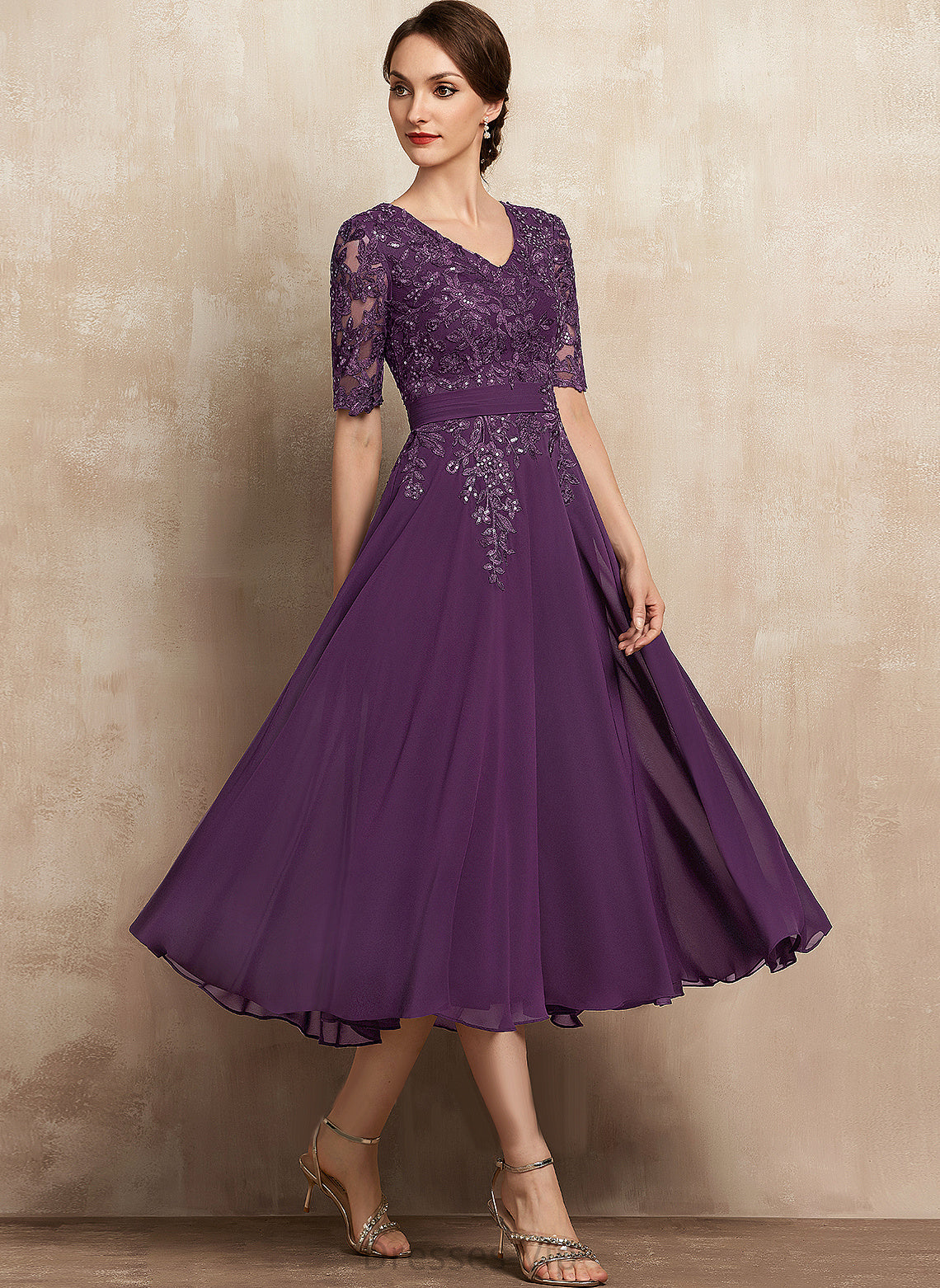 Tea-Length Lace Sequins Cocktail A-Line Clara Cocktail Dresses V-neck Chiffon Dress With