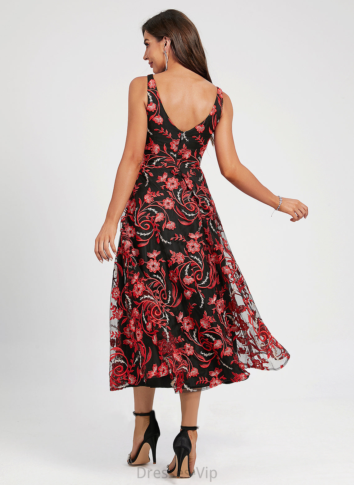 Lace A-Line Flower(s) V-neck Tea-Length Cocktail Dresses With Dress Cocktail Lace Addisyn