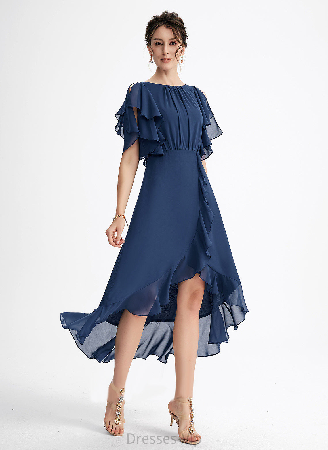 Neck Ruffles Cocktail Ellie A-Line Dress Cascading Scoop Cocktail Dresses Asymmetrical Chiffon With