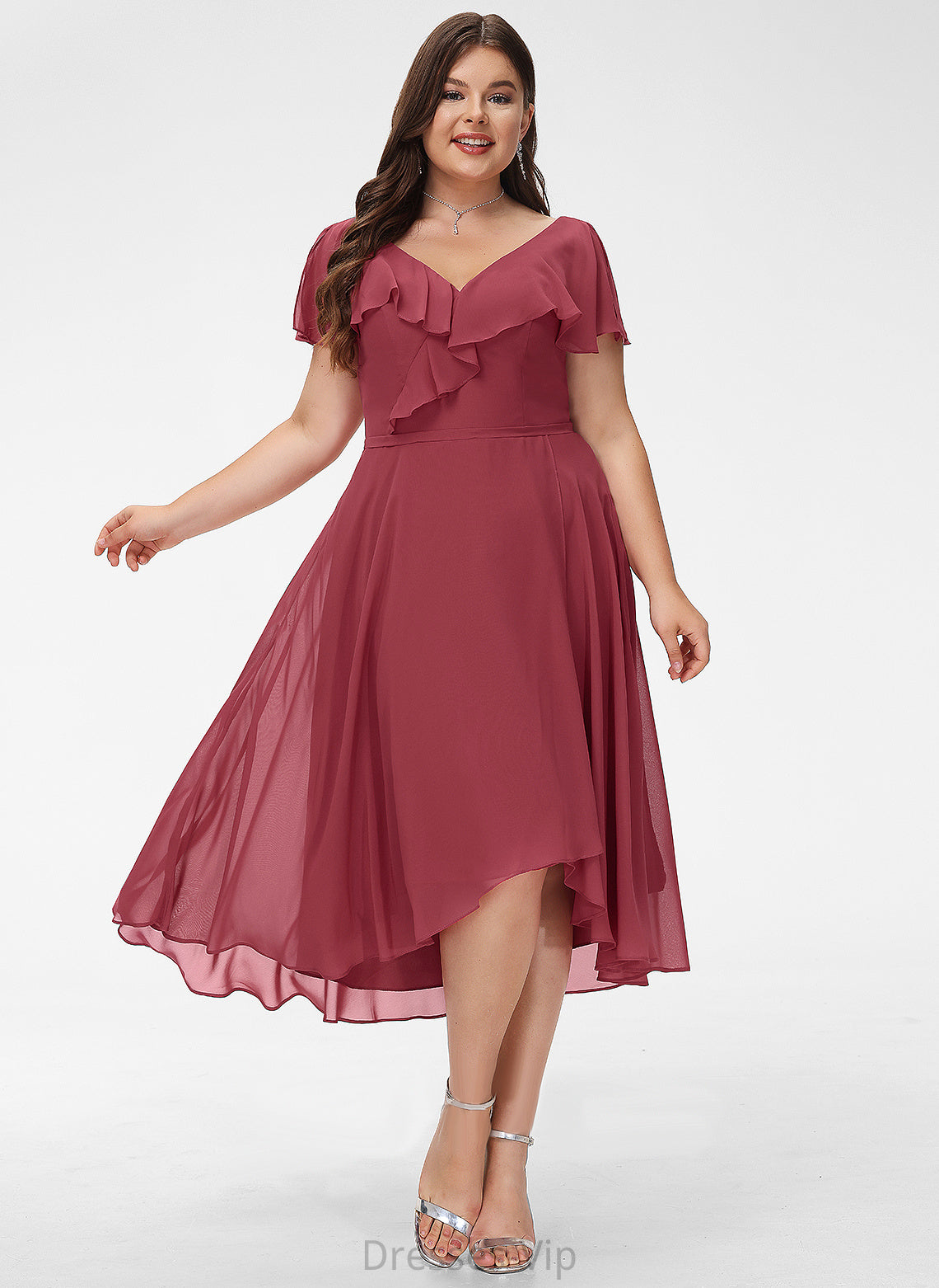 Chiffon Dress Lana With Asymmetrical A-Line Ruffle Cocktail V-neck Cocktail Dresses