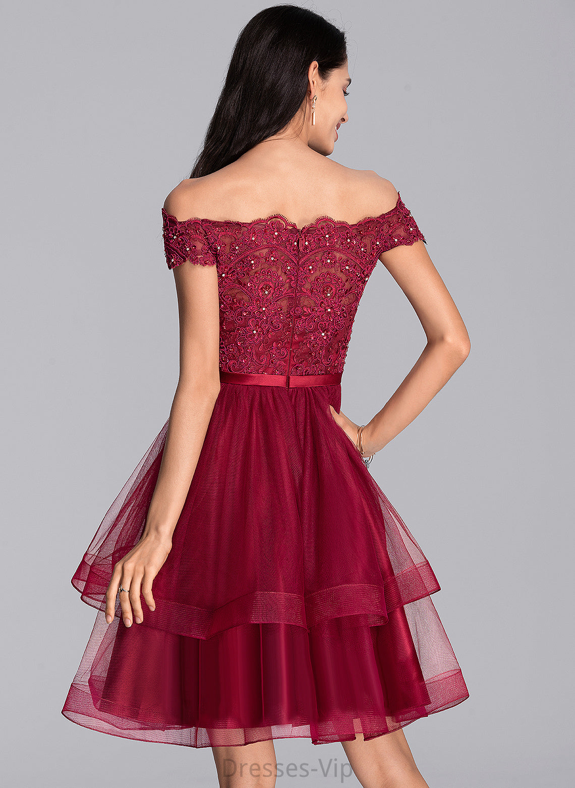 Off-the-Shoulder A-Line Dress Danna Beading Homecoming Dresses Knee-Length Tulle With Lace Sequins Homecoming