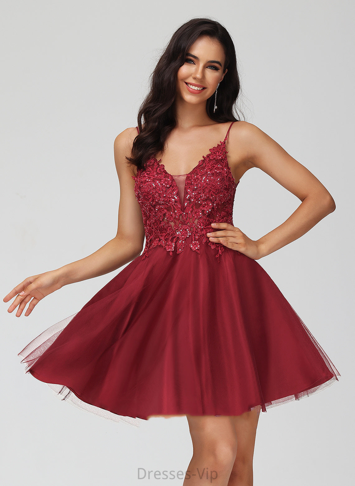 With Short/Mini Homecoming Lace Sequins V-neck Homecoming Dresses A-Line Lois Tulle Dress