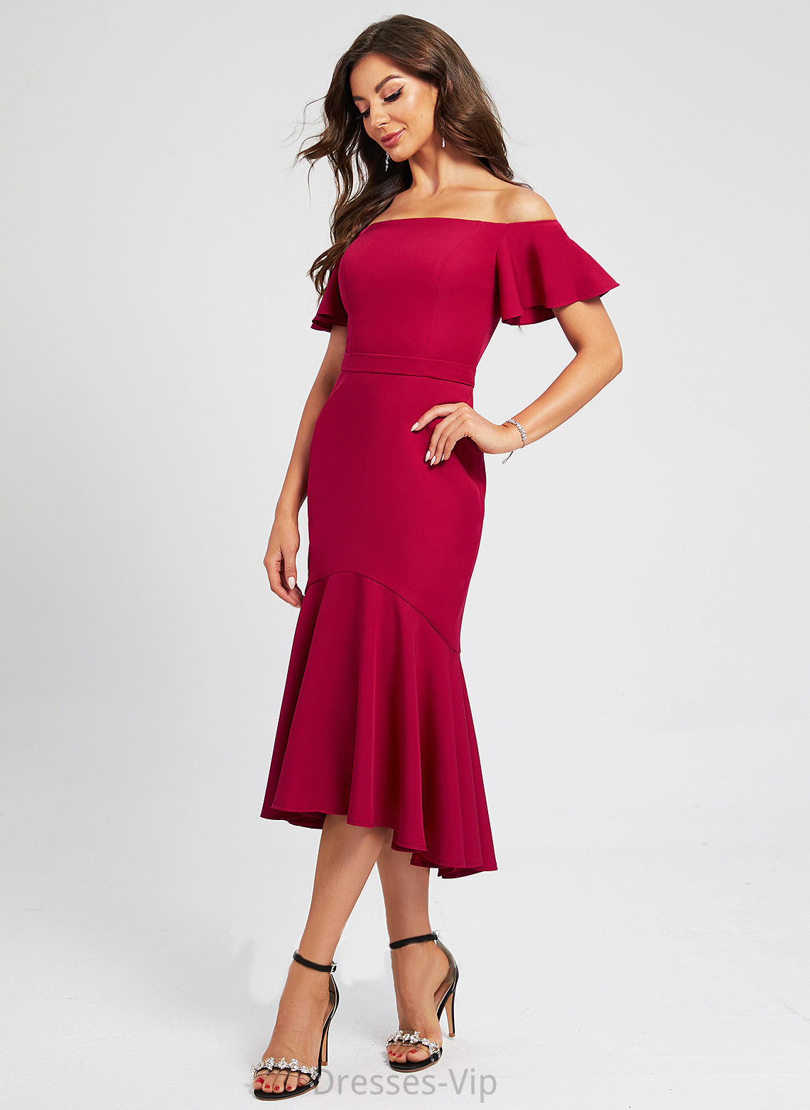 Trumpet/Mermaid Ruffle Crepe With Dress Off-the-Shoulder Stretch Cocktail Dresses Cocktail Pru Asymmetrical