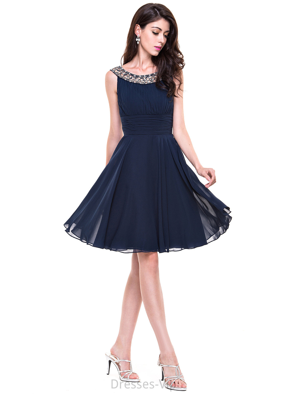 Cocktail Dresses Ruffle Neck With Chiffon Dress Alma Scoop A-Line Cocktail Knee-Length Beading