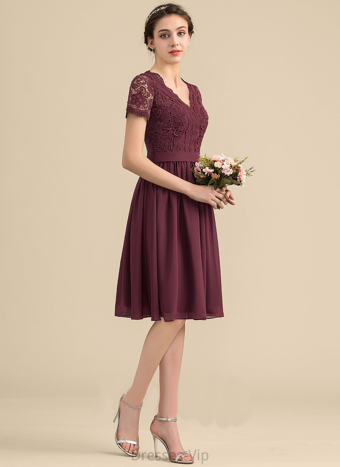 A-Line Lace Cocktail With Dress Knee-Length Cocktail Dresses Chiffon Lace V-neck Kayleigh