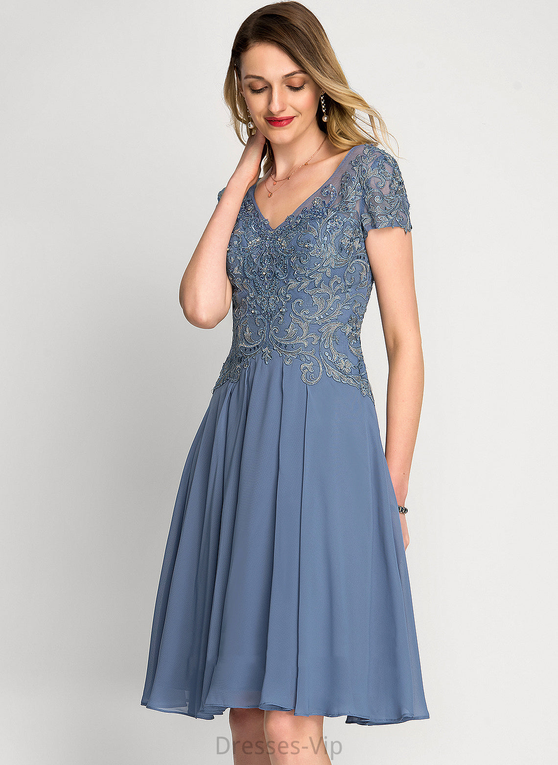 Chiffon Dress With Beading Lace Cocktail Dresses Knee-Length V-neck A-Line Cocktail June Sequins