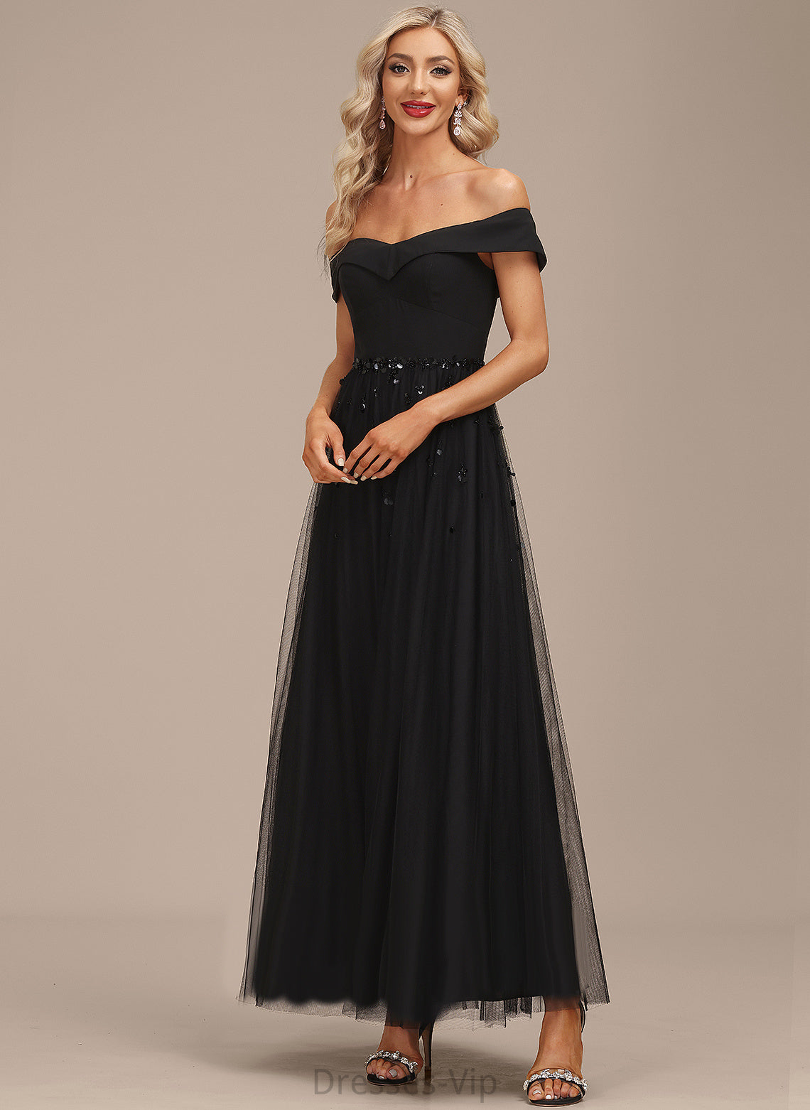 Dress Cocktail Joanna Chiffon Ankle-Length Tulle Off-the-Shoulder Sequins Beading A-Line Cocktail Dresses With