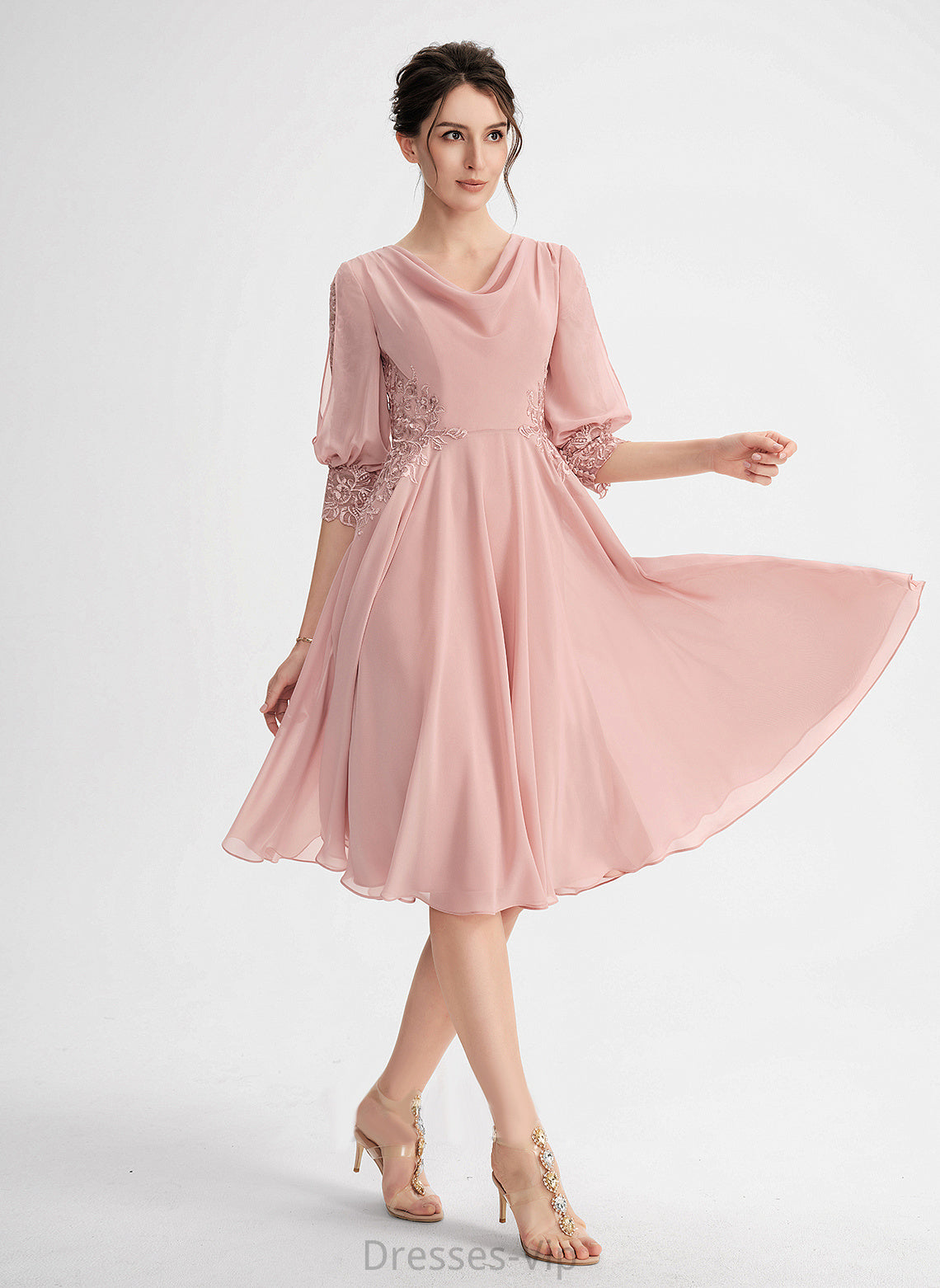 Lace Chiffon With Cowl Nan Cocktail Neck Knee-Length Dress Cocktail Dresses A-Line