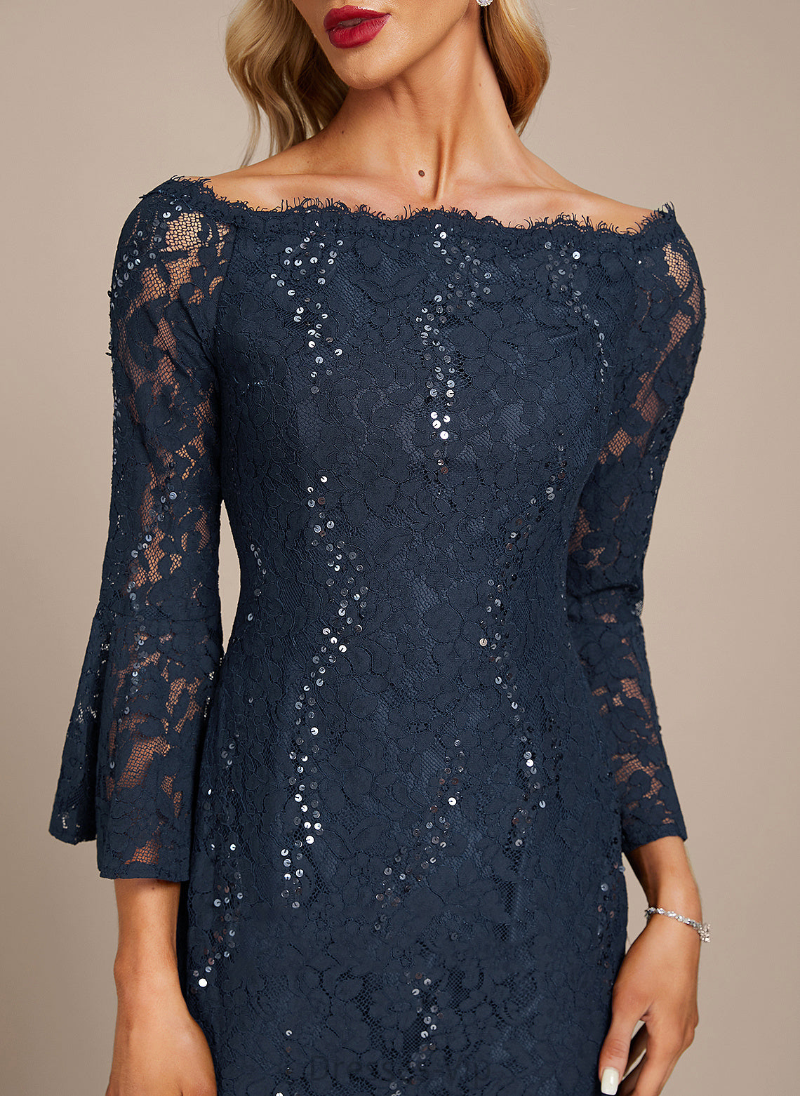 Knee-Length Sheath/Column Cocktail Dresses Lace With Dress Lana Sequins Cocktail Off-the-Shoulder