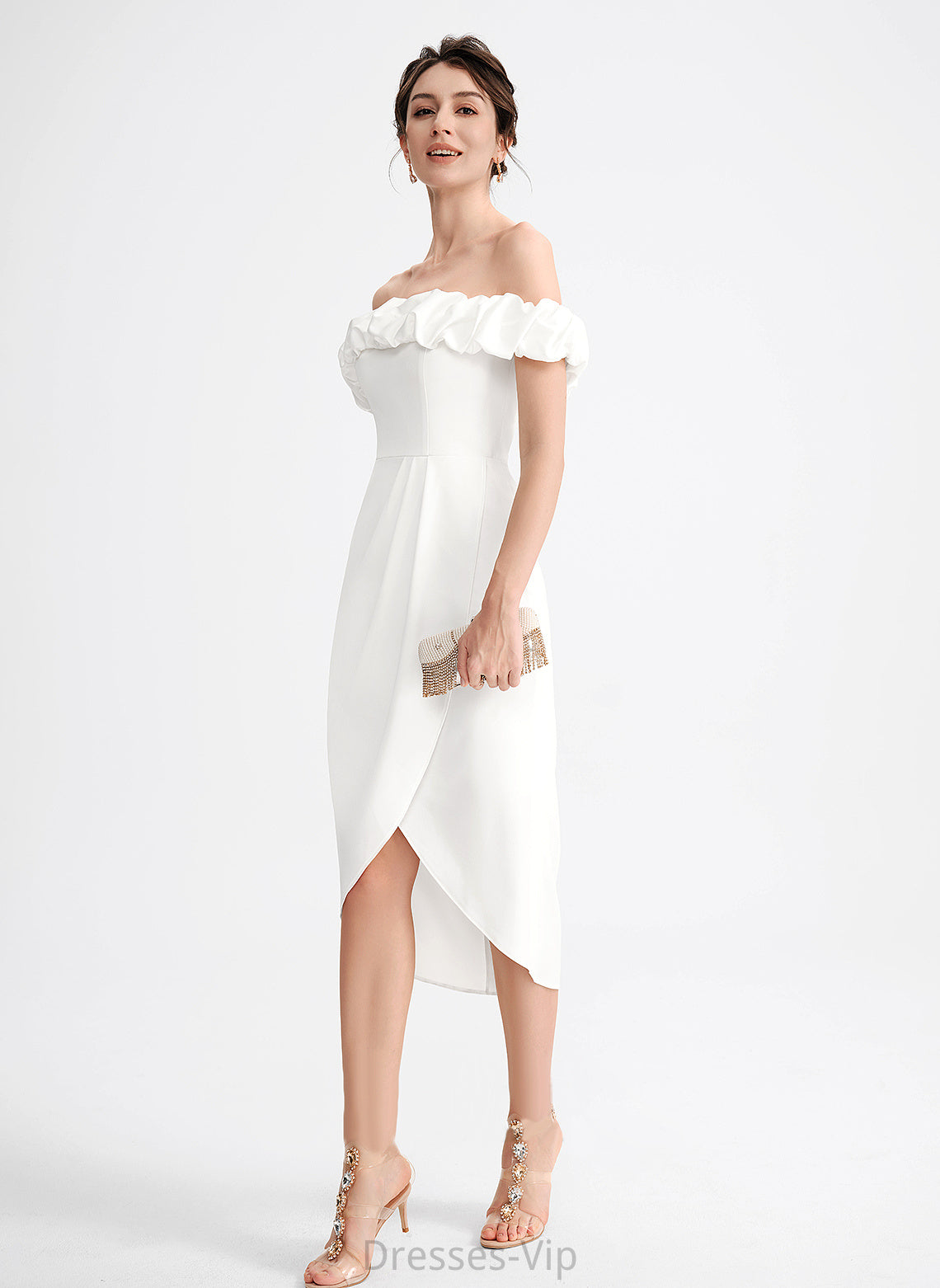 Off-the-Shoulder Crepe Janessa Ruffle Asymmetrical Cocktail Dresses With Stretch Cocktail Dress