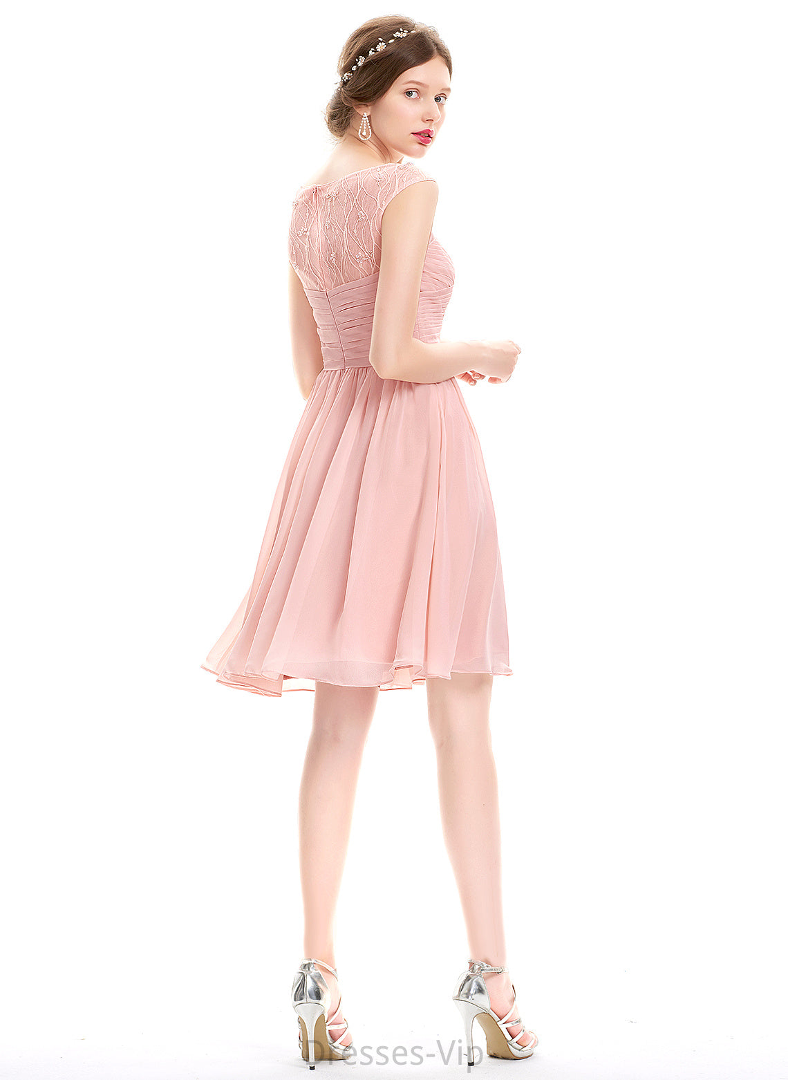 Cecilia With Homecoming A-Line Chiffon Dress Homecoming Dresses Lace Beading Knee-Length Scoop Neck Ruffle