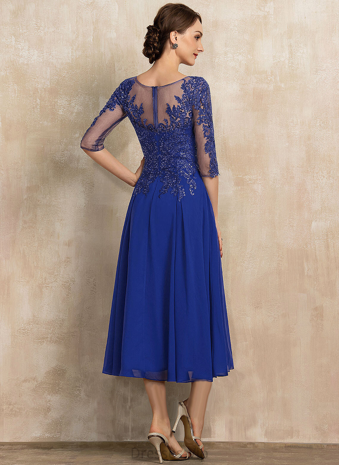 Tea-Length Dress Lace With Neck Cocktail Cocktail Dresses Sequins Scoop Aliana Chiffon A-Line