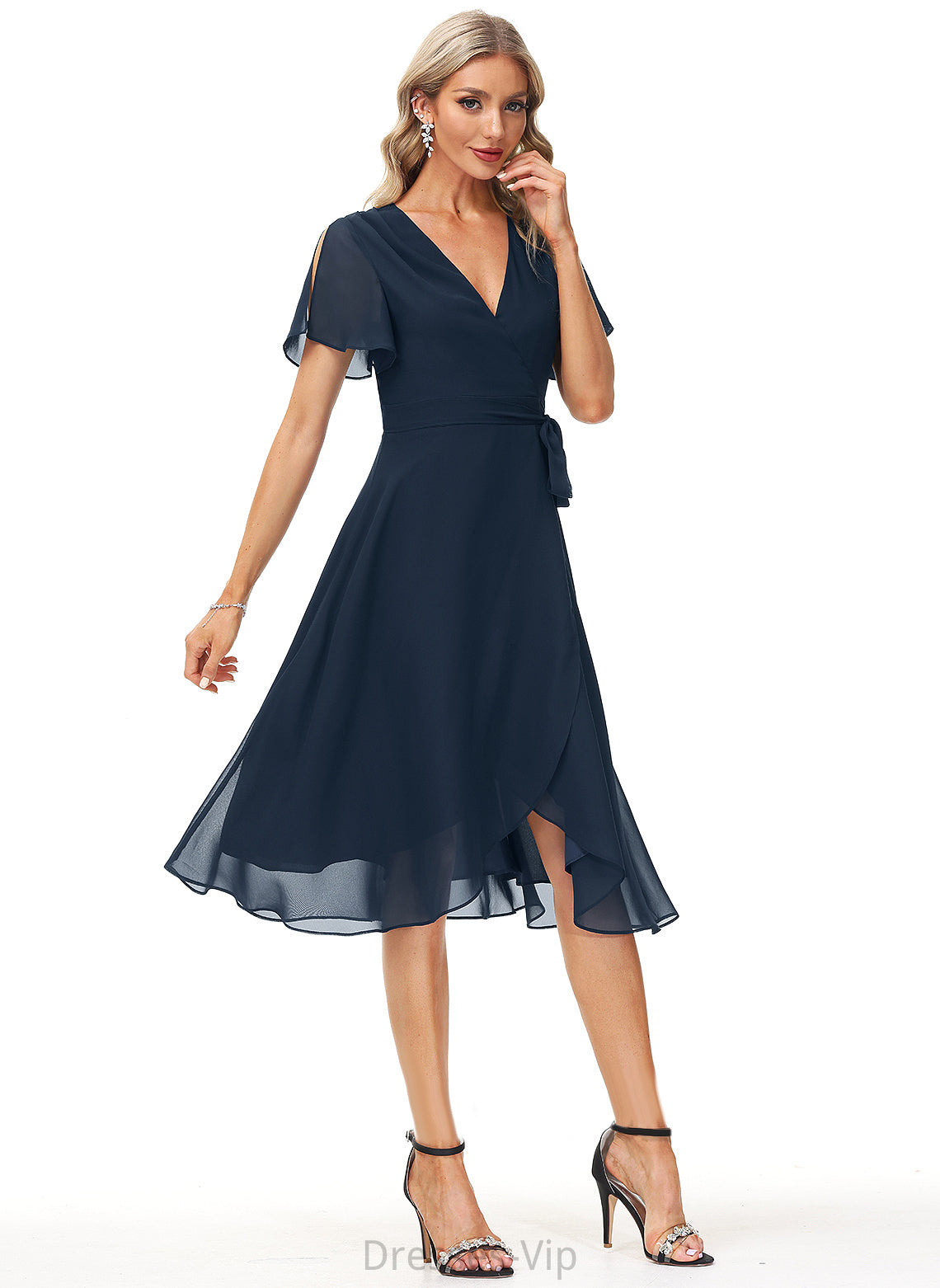 Kadence Sash Dress A-Line Chiffon V-neck Cocktail Dresses Knee-Length Cocktail With