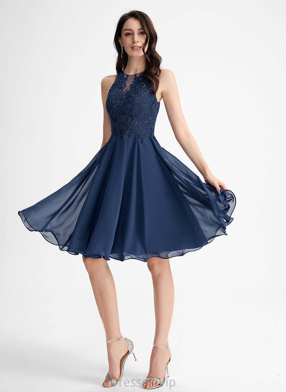 Chiffon Dress With Scoop Knee-Length Homecoming Marin Beading Neck A-Line Lace Homecoming Dresses