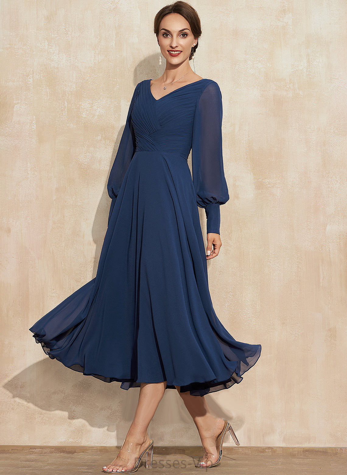 Ruffle Dress Cocktail A-Line Alayna Tea-Length Cocktail Dresses V-neck Chiffon With