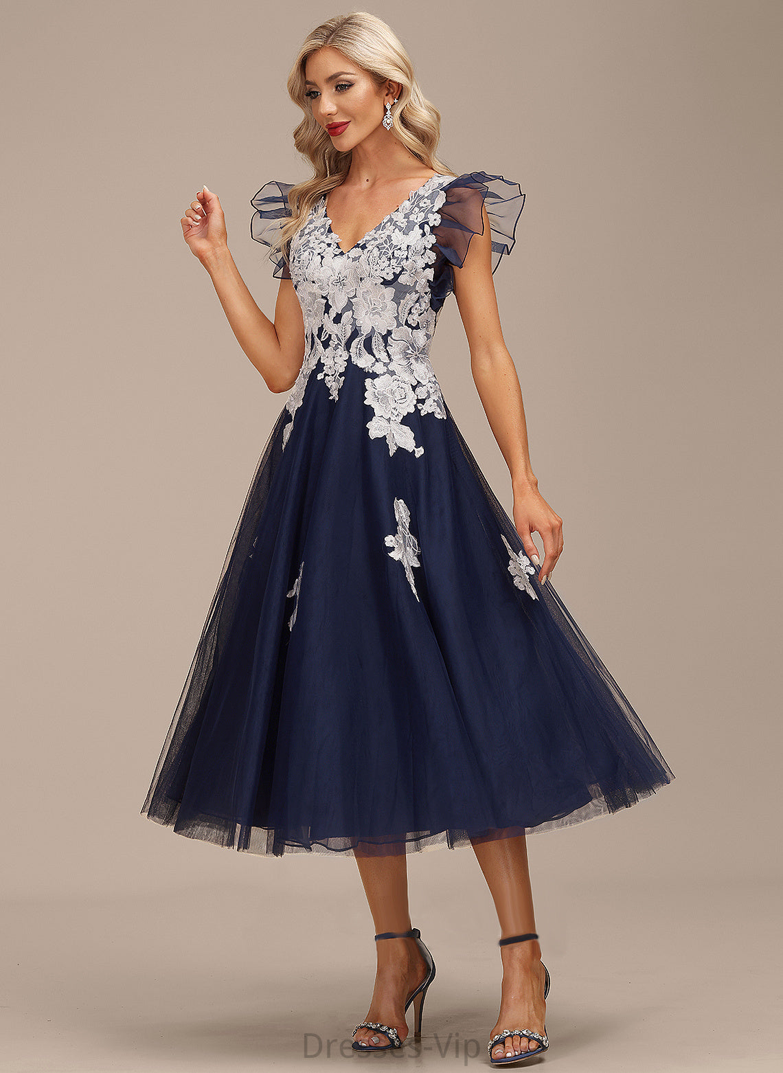 Brenda Cocktail Tea-Length Organza With V-neck Dress Cocktail Dresses A-Line Lace Appliques