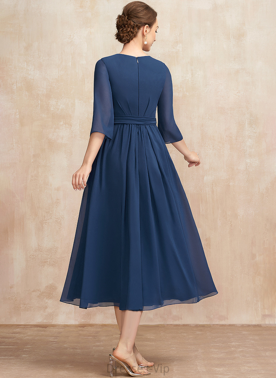 A-Line With Cocktail Neck Scoop Gia Tea-Length Chiffon Cocktail Dresses Bow(s) Ruffle Dress