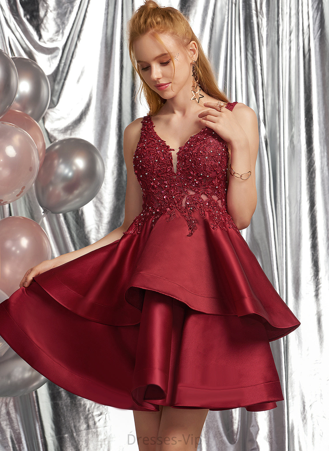 V-neck With Lace A-Line Dress Sequins Satin Short/Mini Beading Homecoming Dresses Homecoming Jade