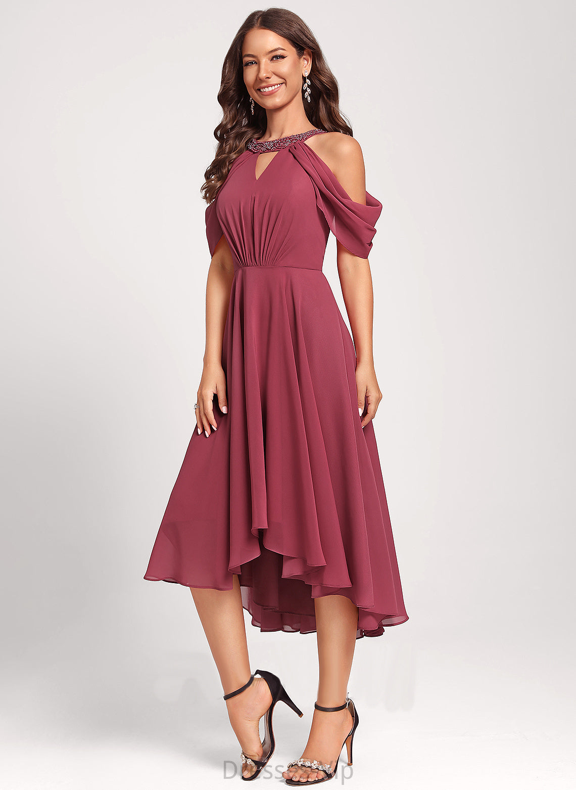 Dress Cocktail Neck Beading With Sequins Chiffon Asymmetrical A-Line Scarlet Scoop Club Dresses