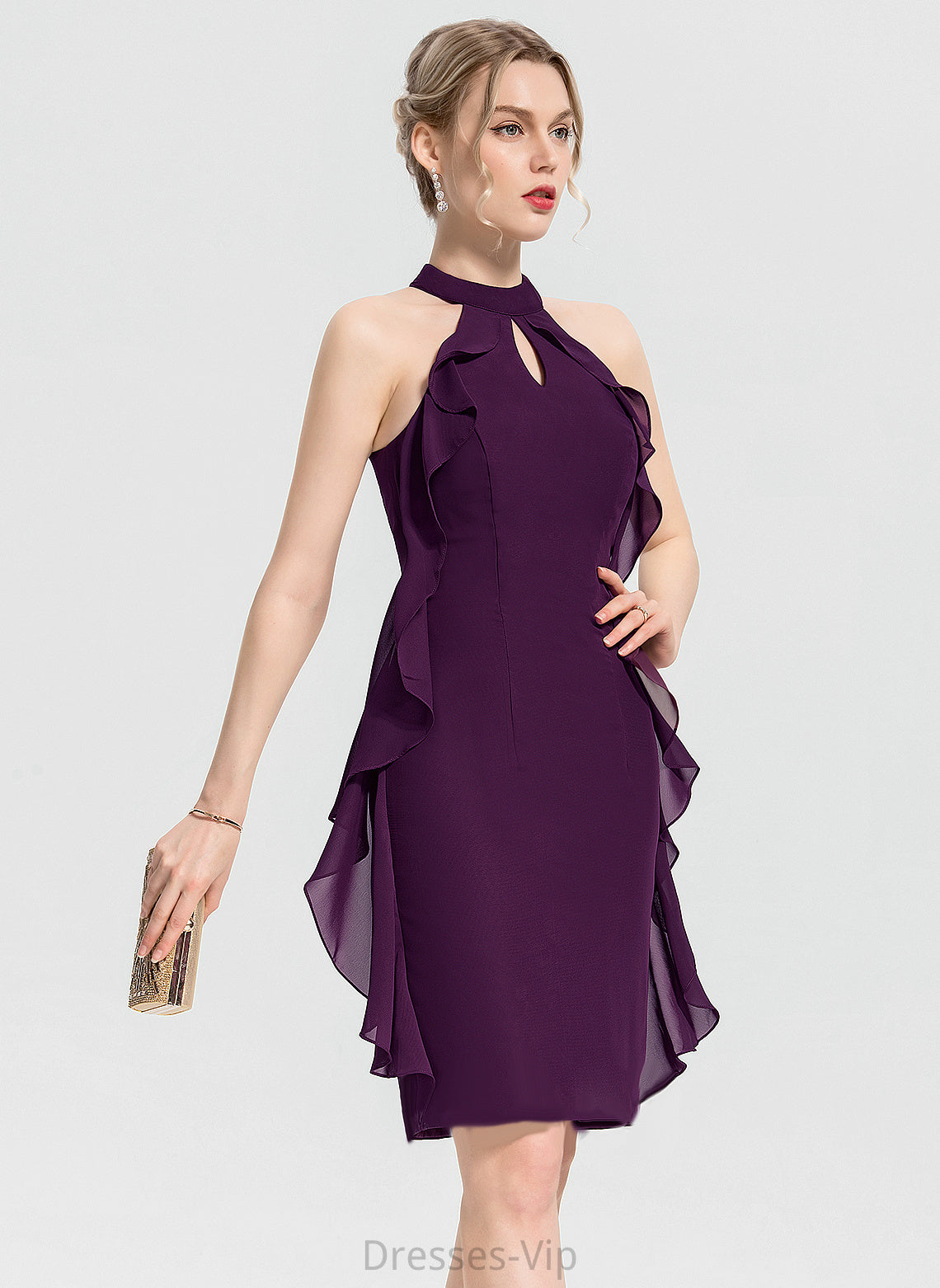 Scoop Cocktail With Cascading Elizabeth Neck Sheath/Column Chiffon Ruffles Cocktail Dresses Knee-Length Dress