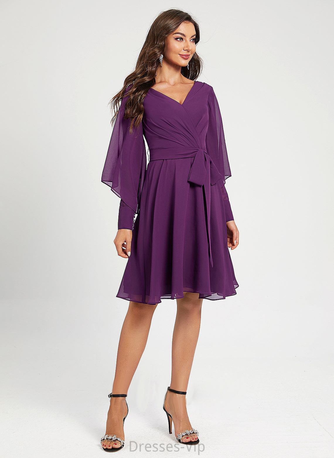 Dress Cocktail Dresses Kelsie Cocktail A-Line Pleated With Sash Chiffon V-neck Knee-Length