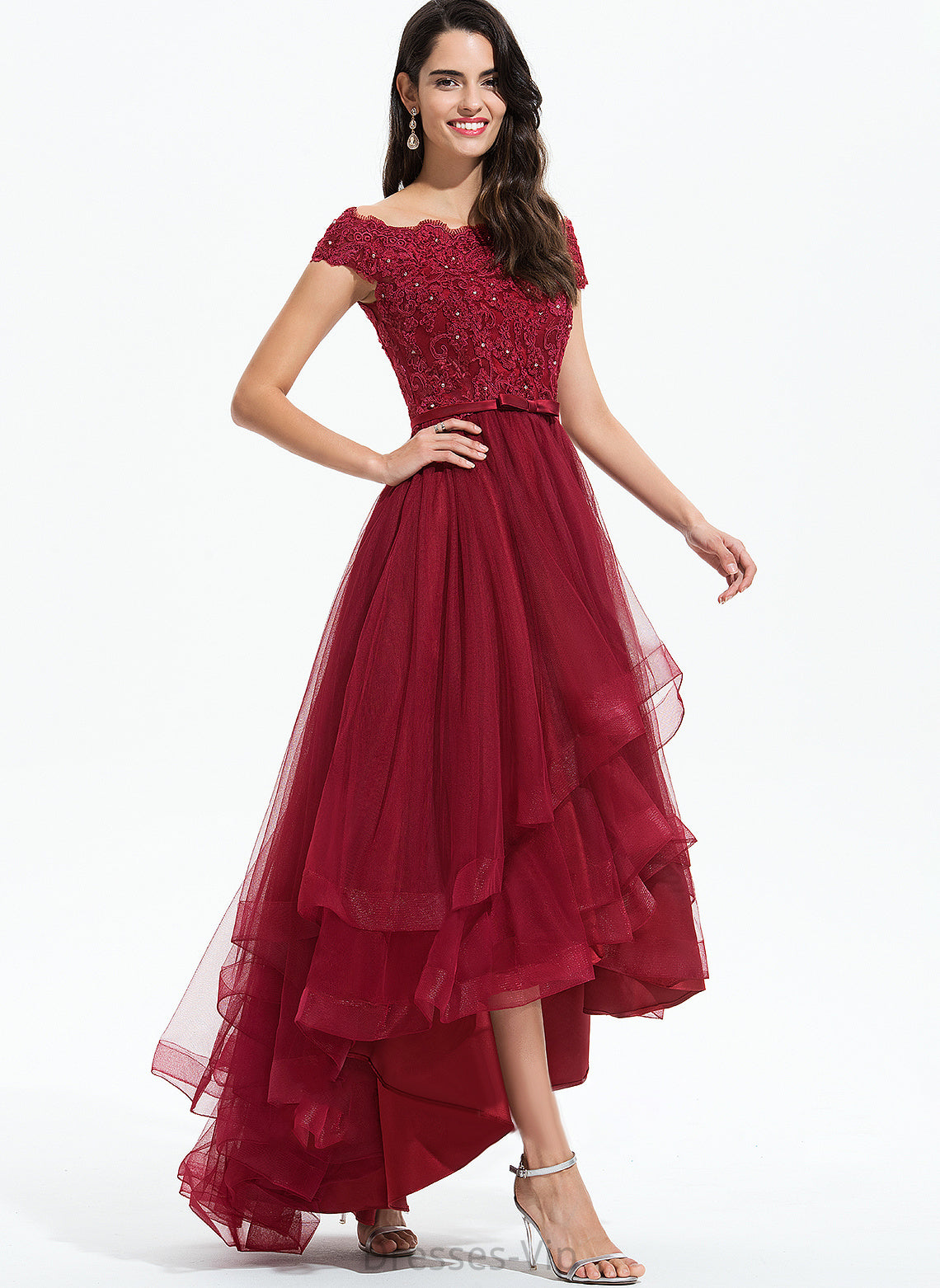 Brylee Off-the-Shoulder Lace Tulle Asymmetrical Bow(s) Beading Dress With Cocktail A-Line Lace Cocktail Dresses