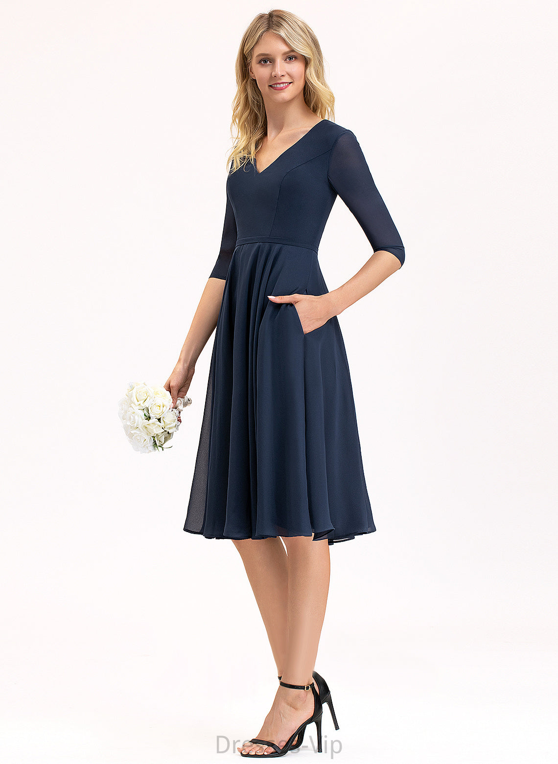 Cocktail Belinda Knee-Length With Dress Pockets Chiffon Cocktail Dresses A-Line V-neck