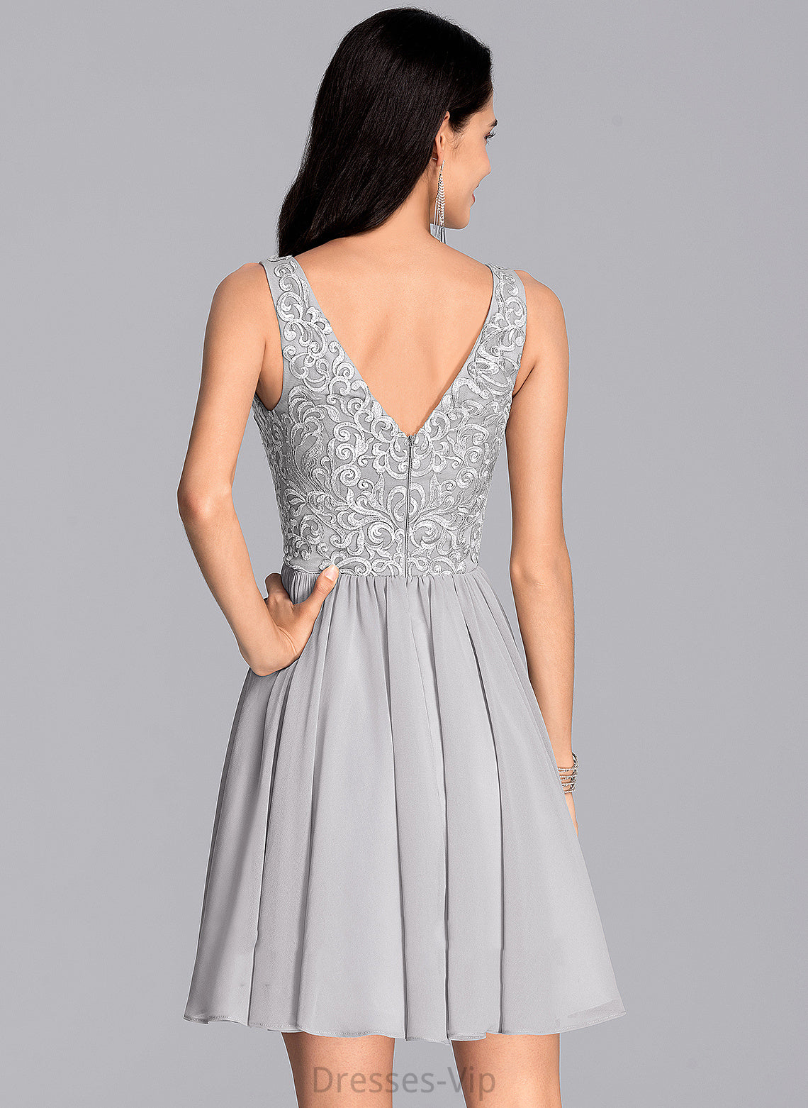 Chiffon Short/Mini A-Line Dress With Lace Kiera Homecoming Dresses Homecoming V-neck Sequins