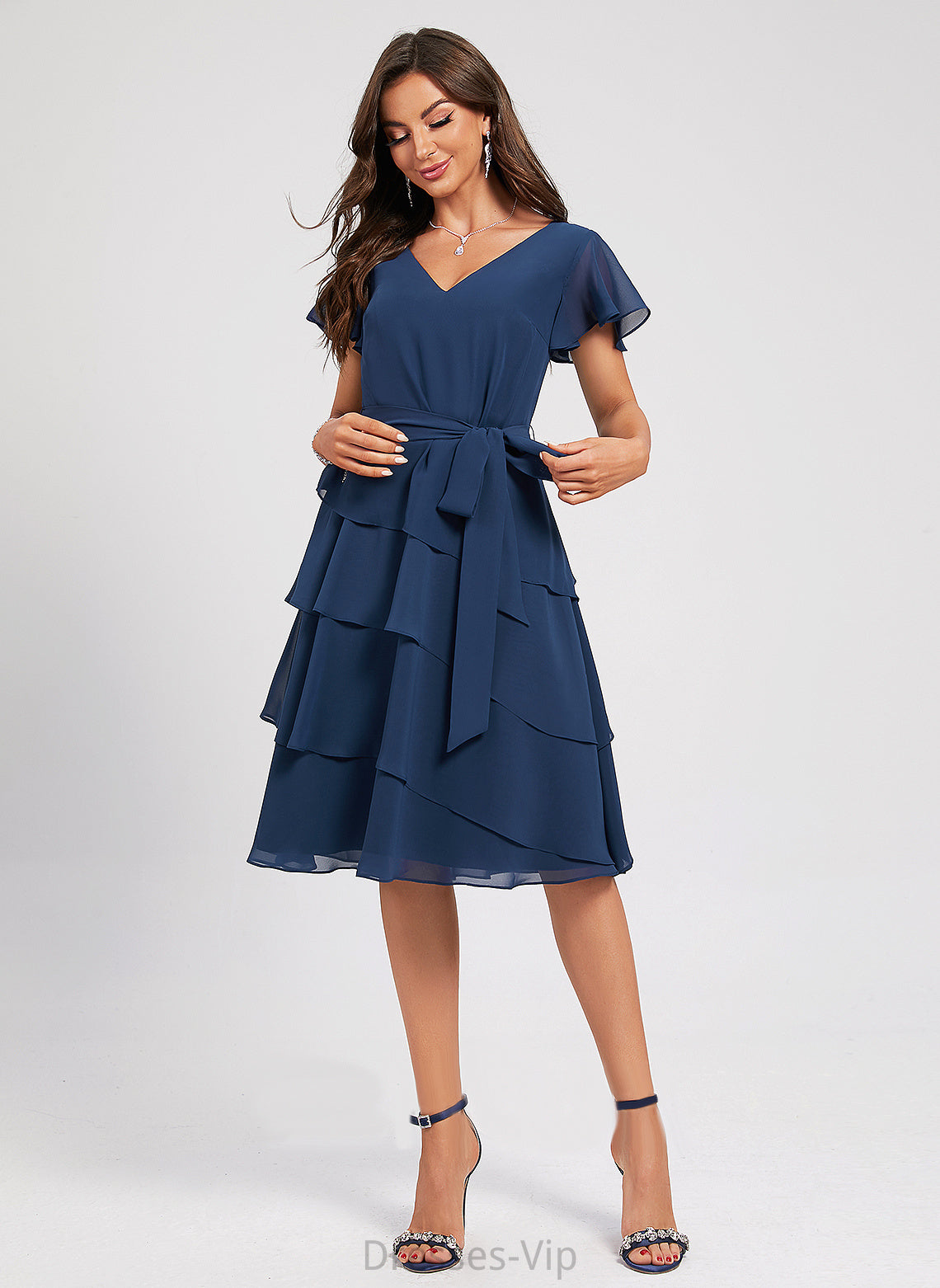 Serena A-Line Chiffon Cocktail Dresses V-neck Ruffle Sash Cocktail With Dress Knee-Length