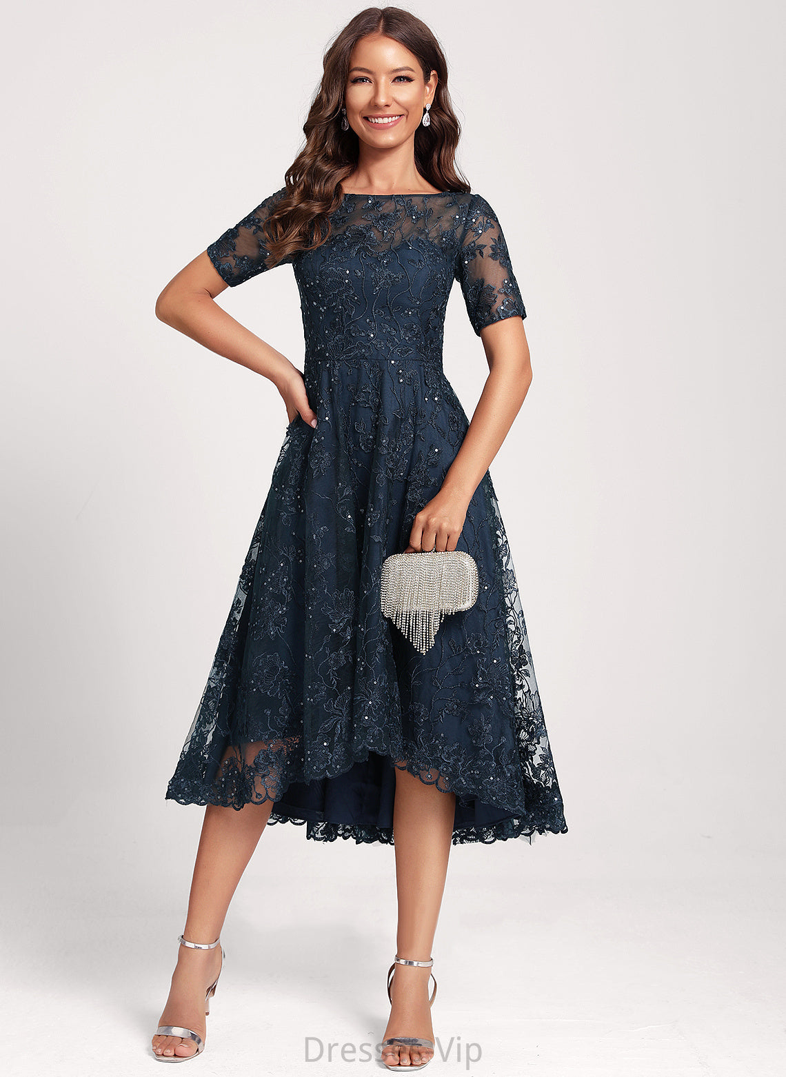 Cocktail Dress Sequins Asymmetrical A-Line Lace With Tulle Scoop Neck Saniya Club Dresses