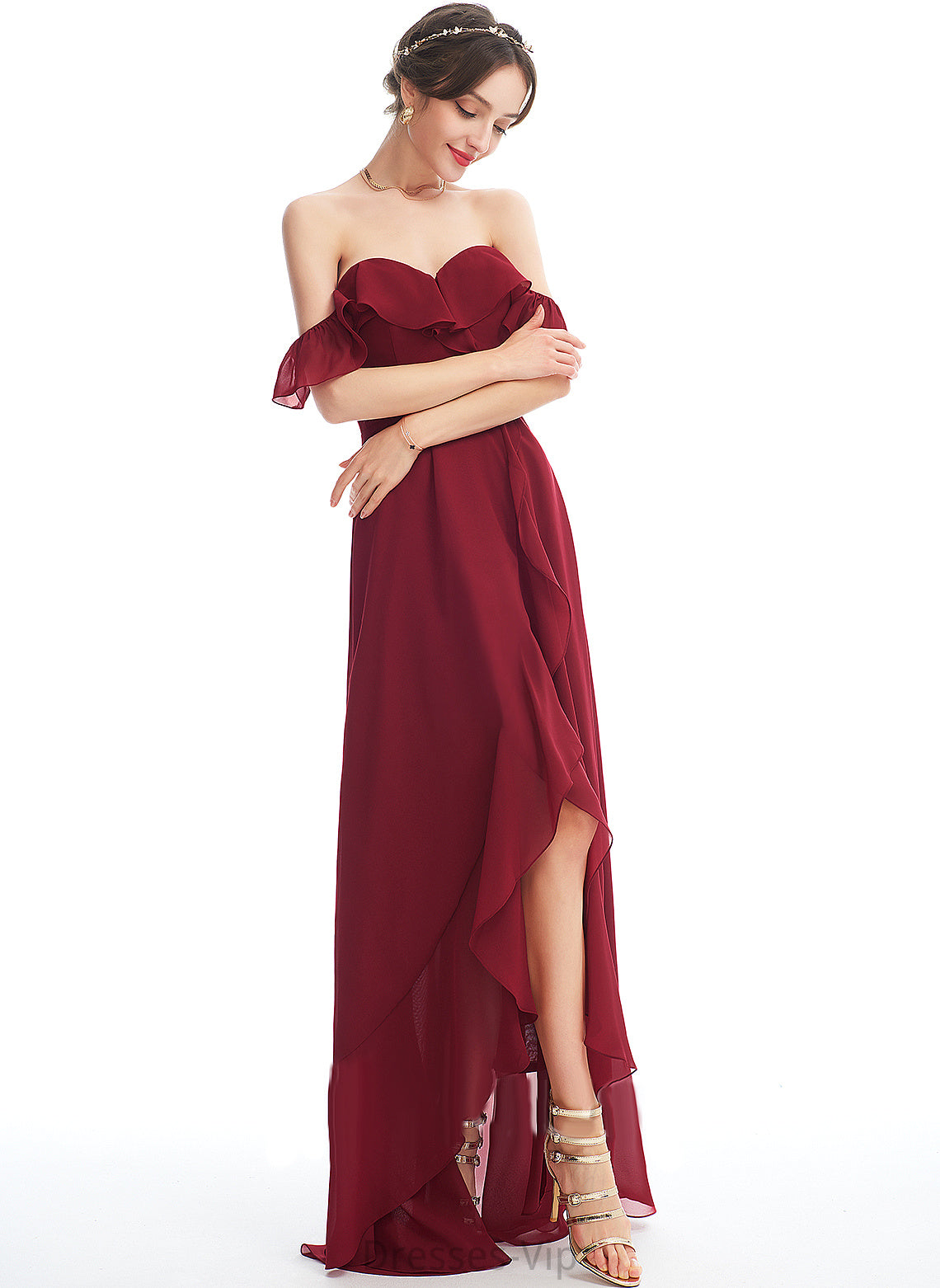 Chiffon A-Line Split Asymmetrical Dress Mareli Ruffle Cocktail Dresses Off-the-Shoulder With Front Cocktail