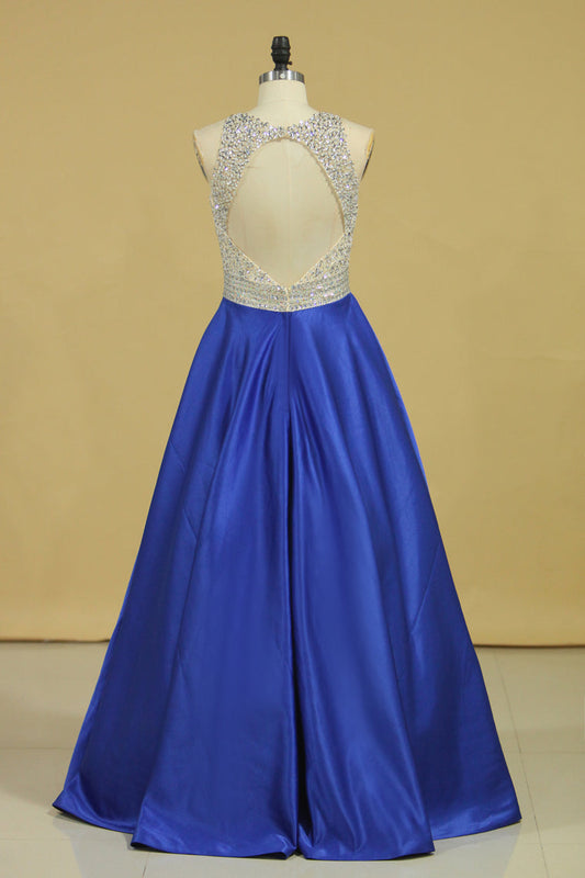 2024 Royal Blue Scoop Open Back Beaded Bodice A Line Prom Dresses Satin & Tulle Plus Size