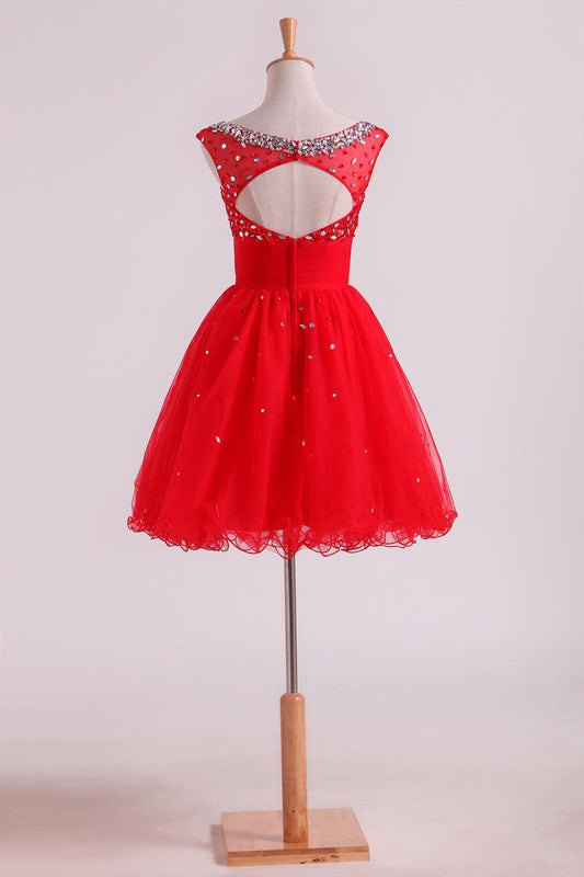 2024 Bateau A Line Short/Mini Homecoming Dresses With Beads & Ruffles Open Back