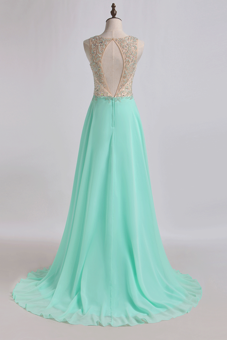 2024 Prom Dresses A Line Scoop Sweep Train Chiffon