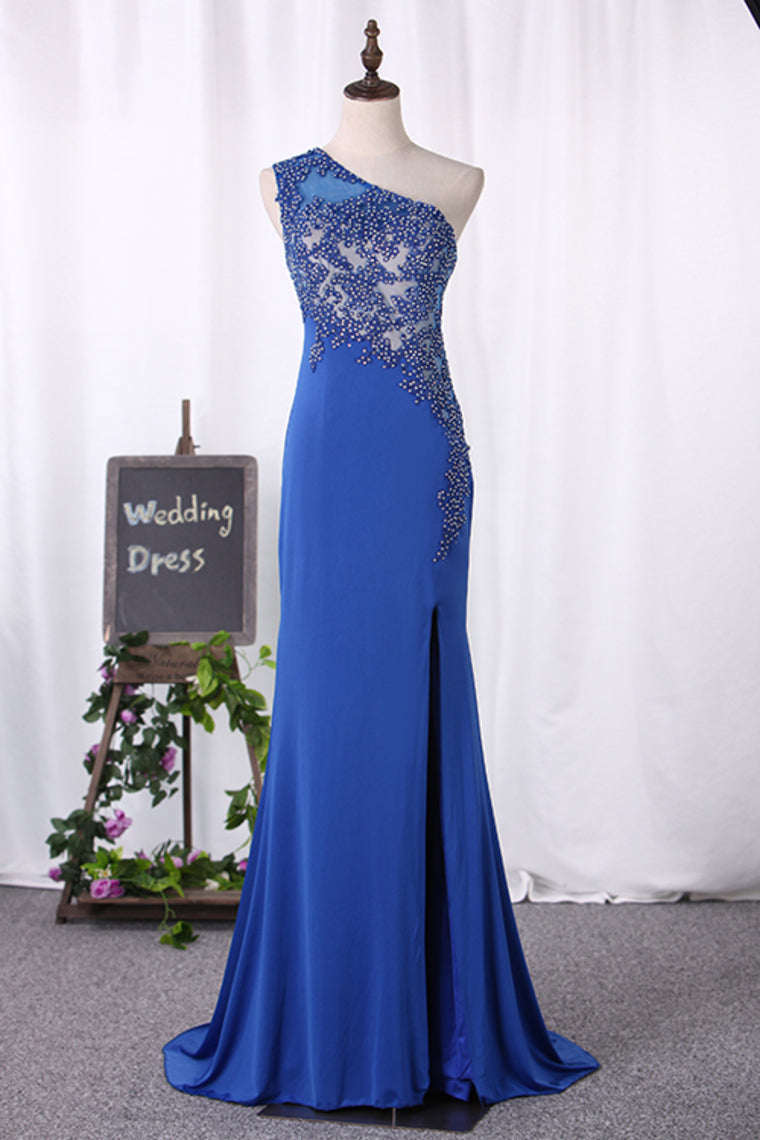 2024 Mermaid One Shoulder Spandex Prom Dresses With Applique And Slit