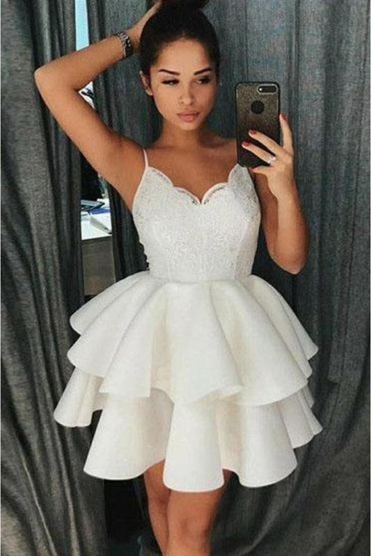 Simple Spaghetti Straps Short Homecoming Dress With Lace, Satin Graduation Dress