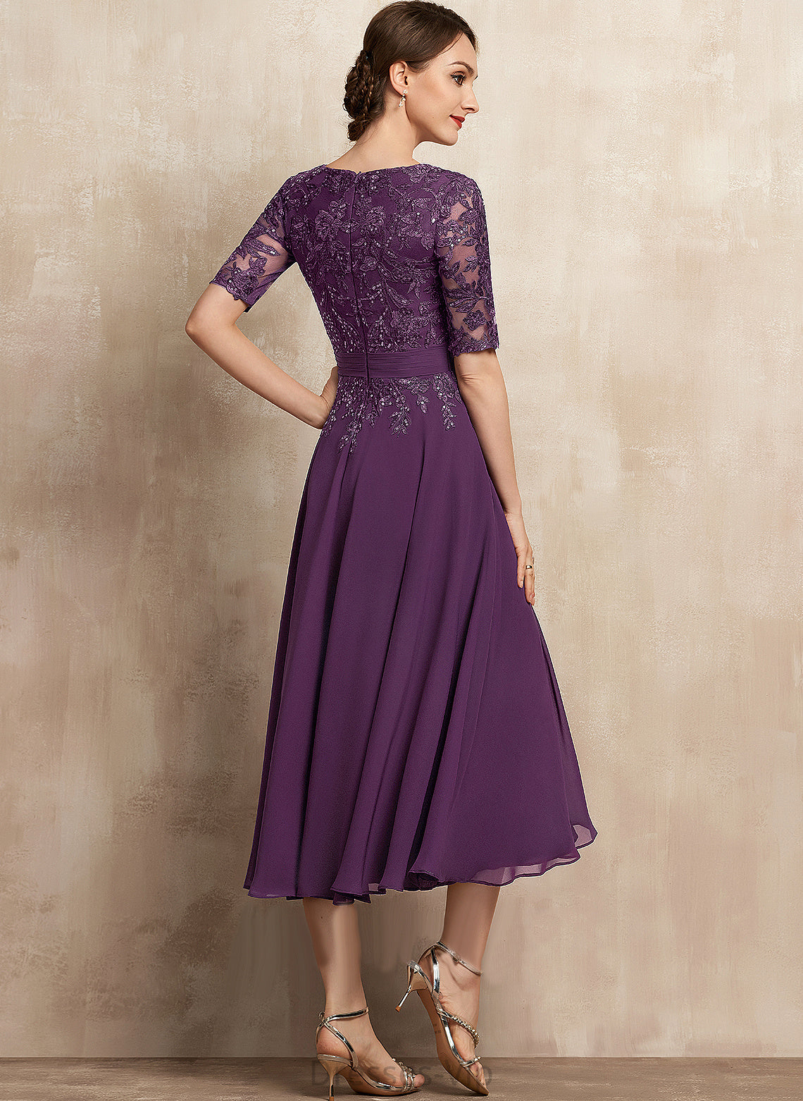 Tea-Length Lace Sequins Cocktail A-Line Clara Cocktail Dresses V-neck Chiffon Dress With