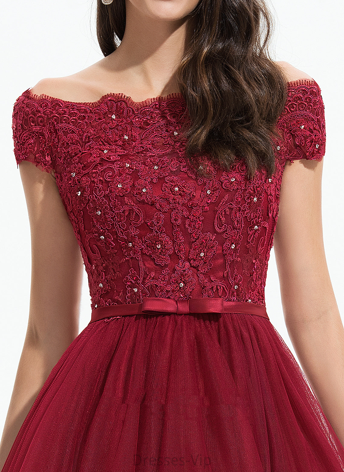 Brylee Off-the-Shoulder Lace Tulle Asymmetrical Bow(s) Beading Dress With Cocktail A-Line Lace Cocktail Dresses