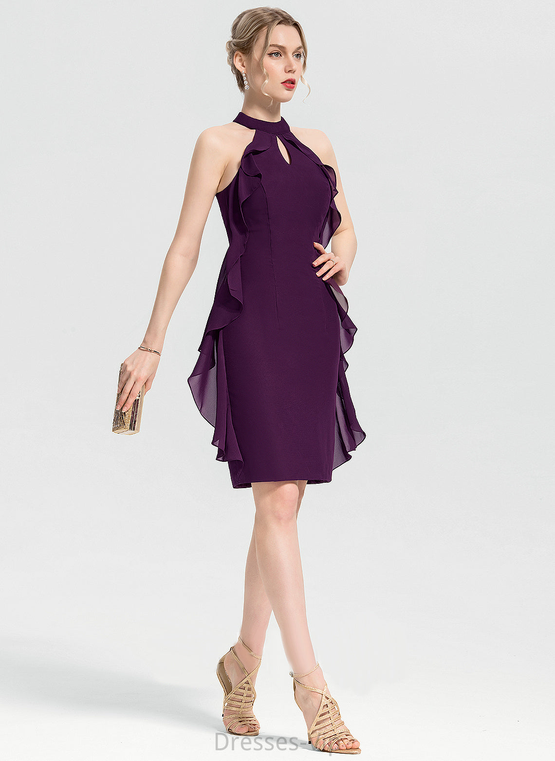 Scoop Cocktail With Cascading Elizabeth Neck Sheath/Column Chiffon Ruffles Cocktail Dresses Knee-Length Dress